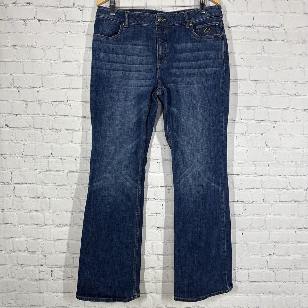 Harley Davison Flare Jeans Women Size 14 Mid Rise Medium Wash Western Biker Pant